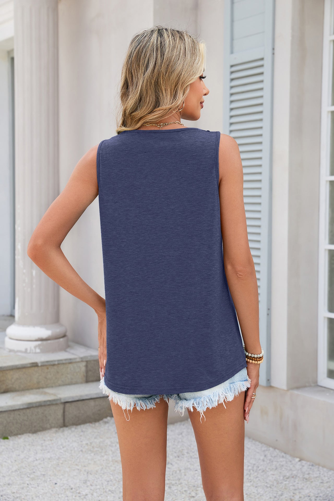 Women Solid Color V-Neck Lace Loose Sleeveless Vest T-Shirt Top