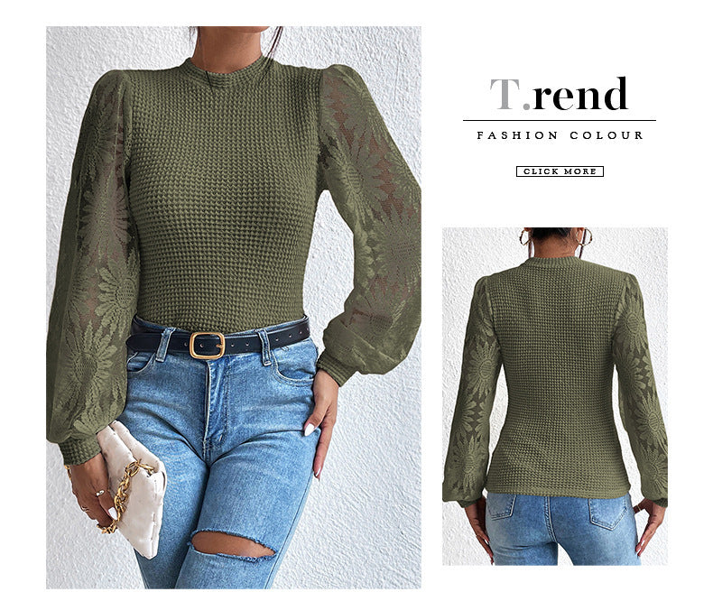 Womens Casual Crochet Top Mesh Lace Long Sleeve Shirts