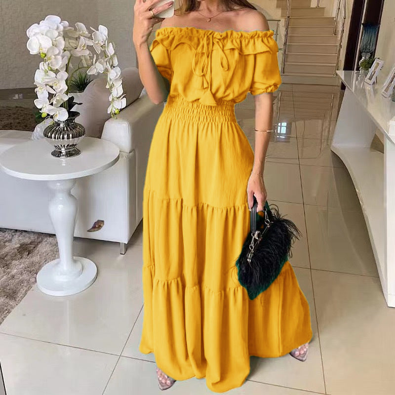 Solid Color Strappy Tube Top Bubble Sleeve Swing Dress