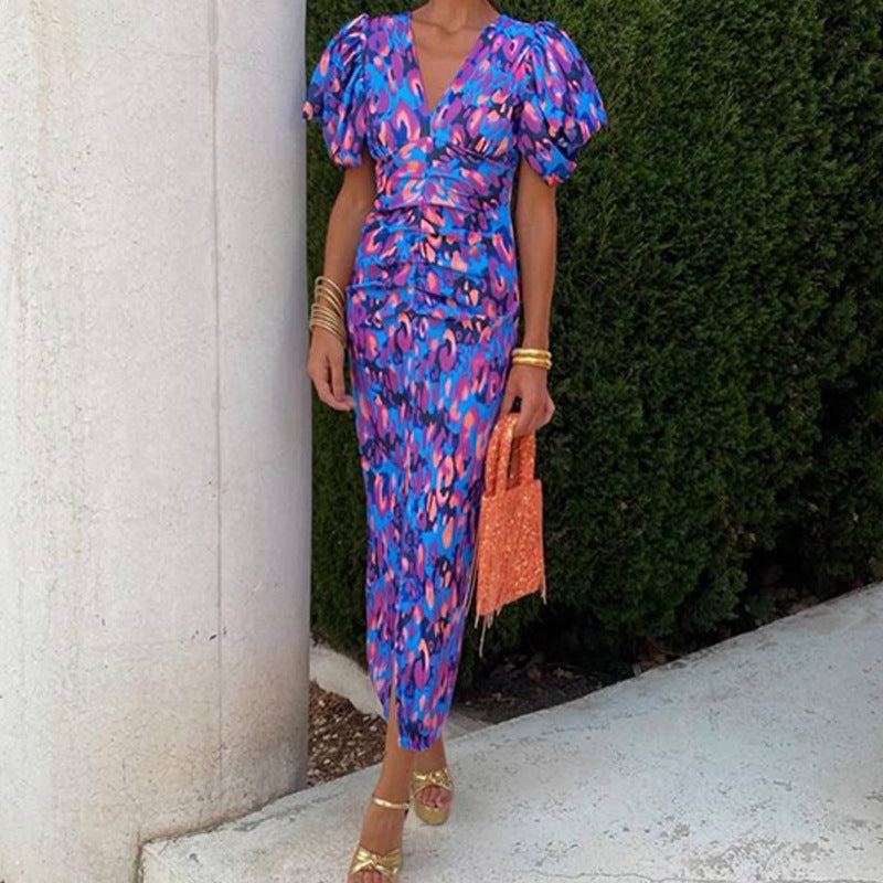 Womens Elegant Printed V-Neck Lantern Sleeve Dress