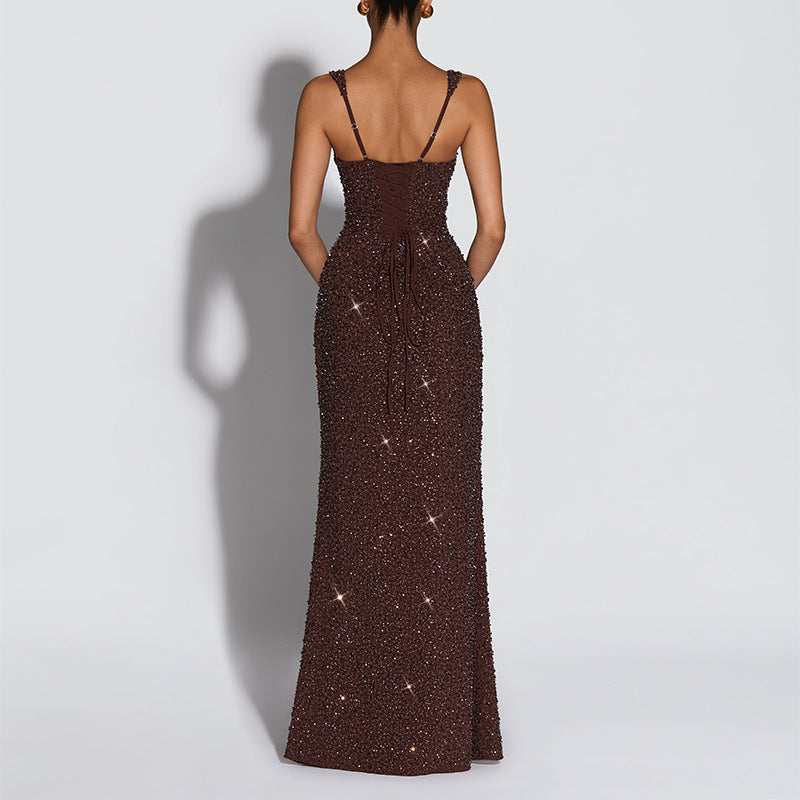 Women Elegant Sexy Square Neck Sequin Slim Fit Dress