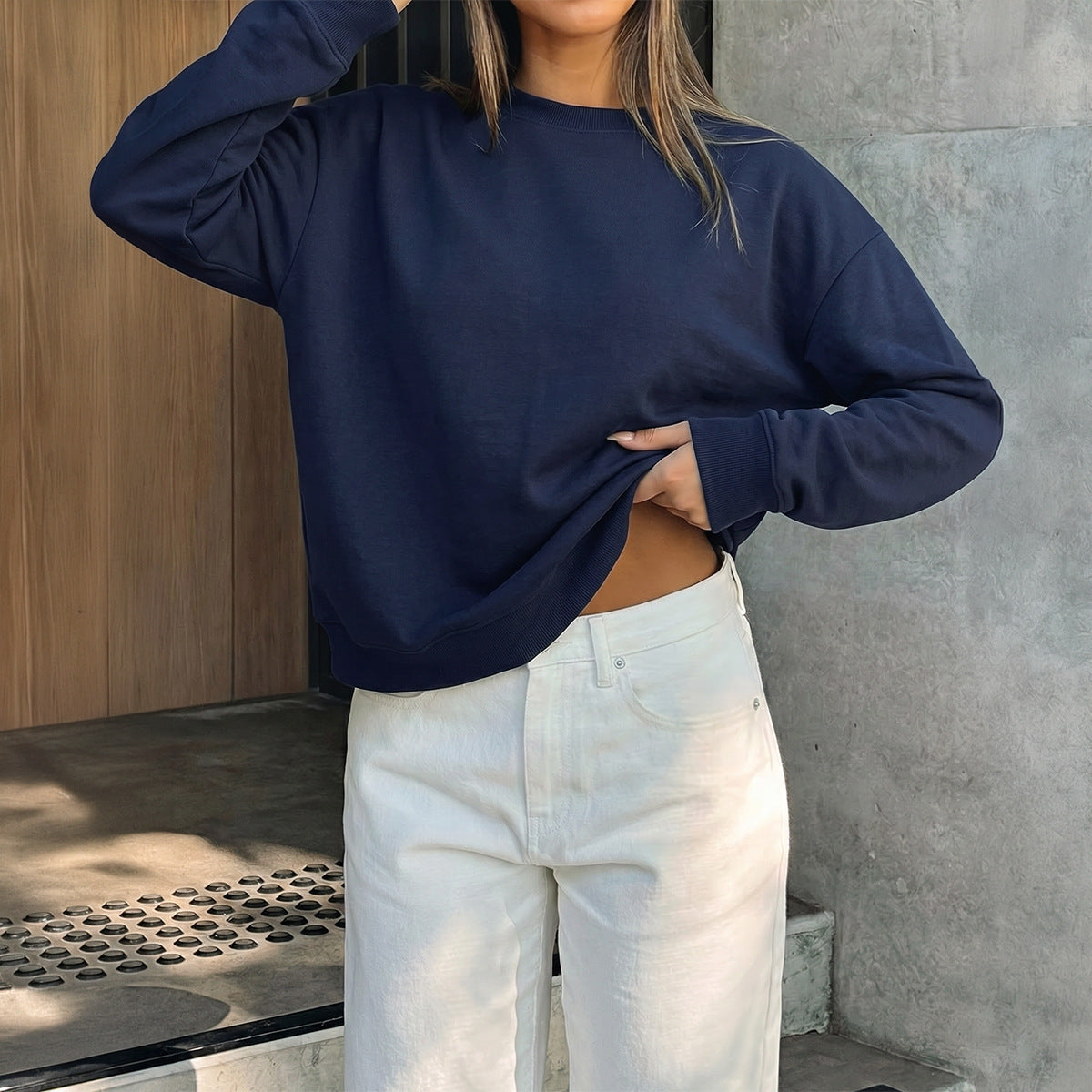 Women's Casual Solid Color Loose Crew Neck Long Sleeve Top