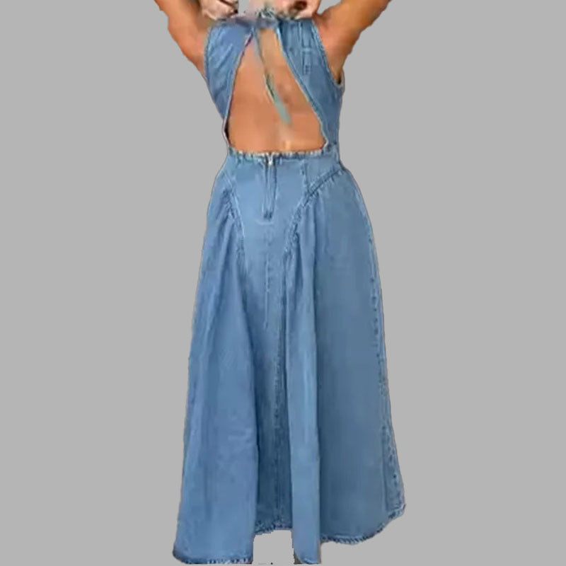 Women's Fashion Solid Color Crew Neck Waist Dress