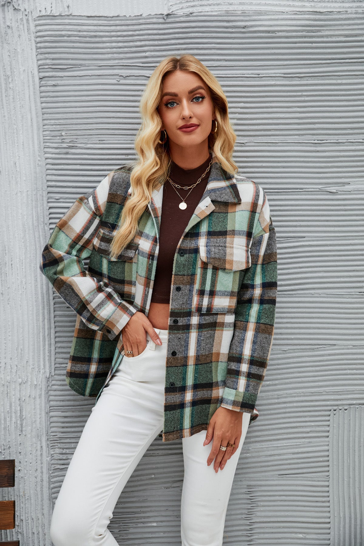 Women Long Sleeve Cardigan Lapel Loose Plaid Wool Shirt Jacket