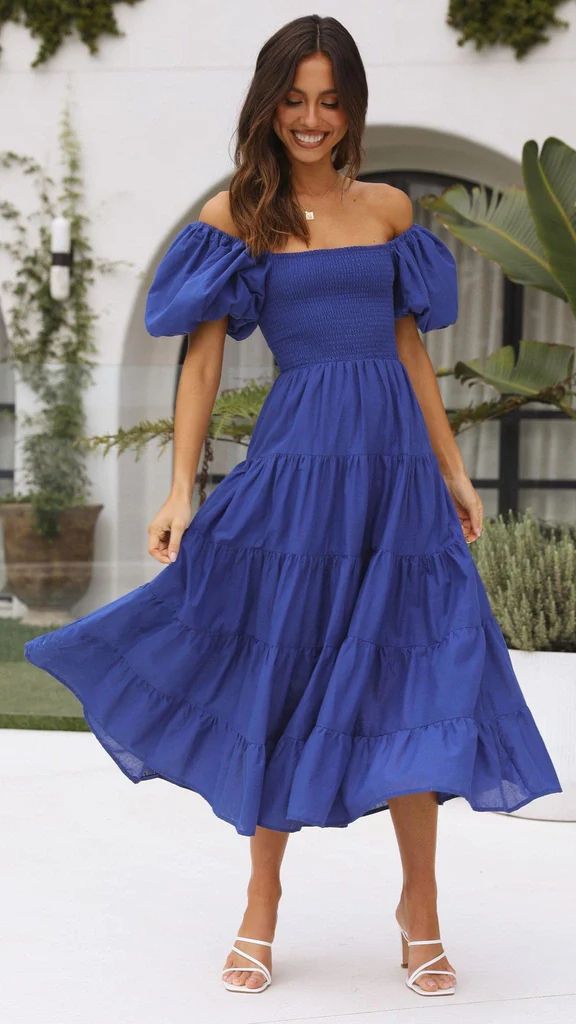 Women Bubble Sleeve Holiday Skinny Long Dress High Waist Shoulder Print Dress