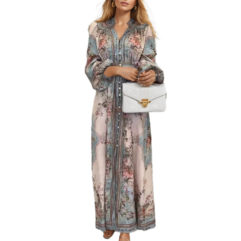 Elegant V-neck Print Long-sleeved Dress Long Dress