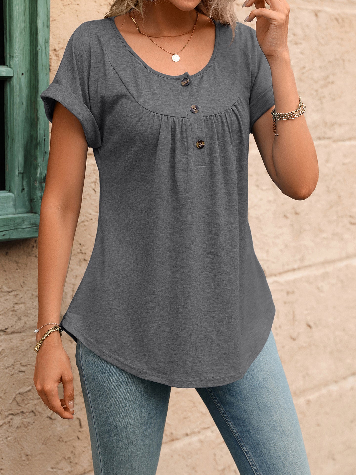Women Solid Color Crew Neck Button Short Sleeve T-Shirt