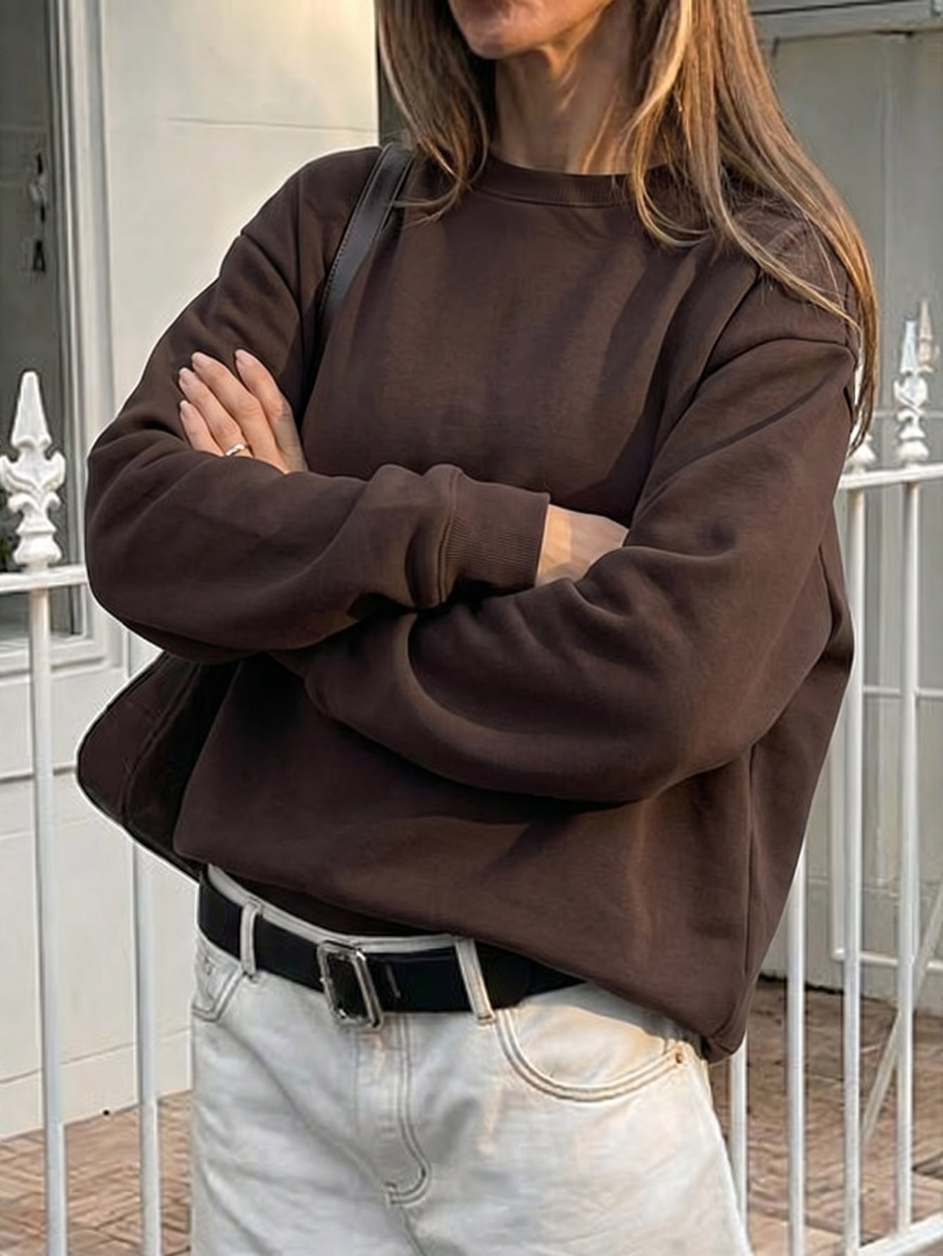 Women's Casual Solid Color Loose Crew Neck Long Sleeve Top