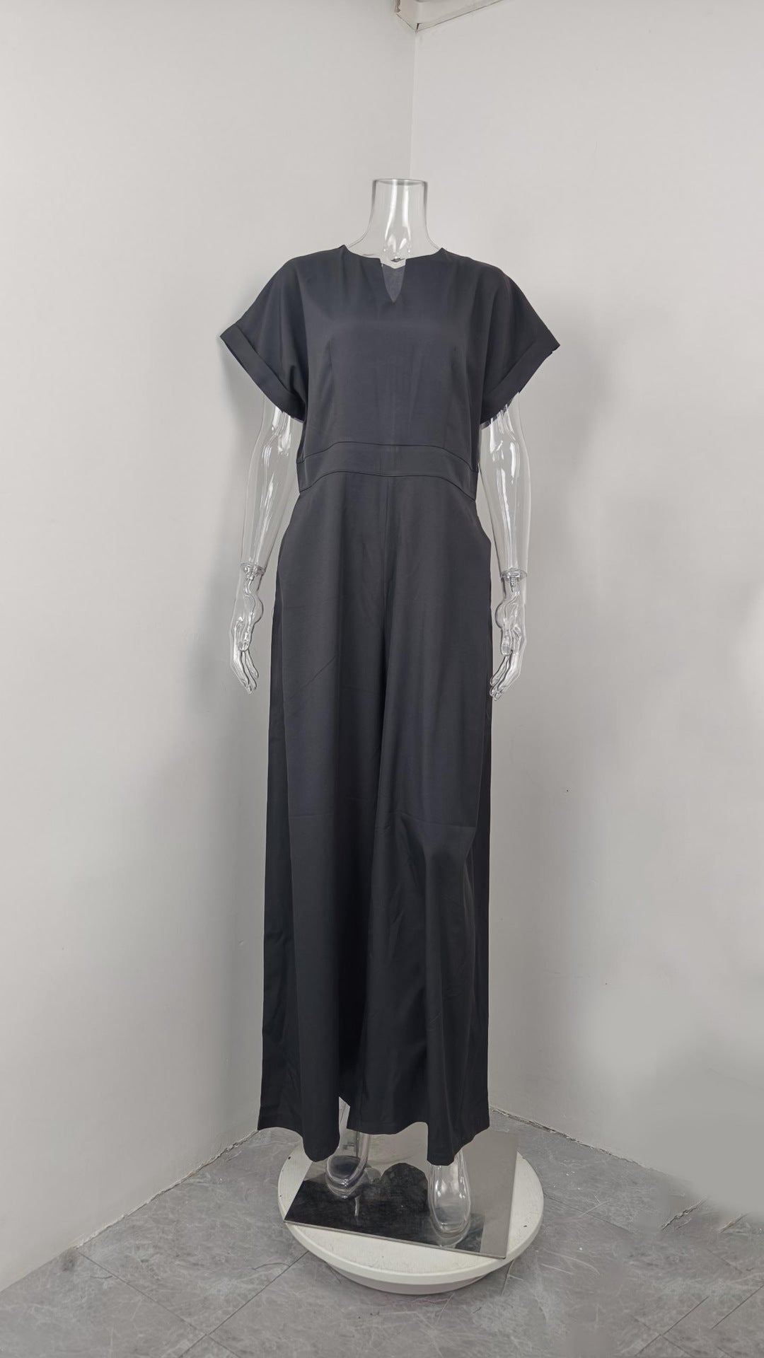 Women's Fashion V-neck Solid Color Slim-fit Wide-leg Jumpsuit