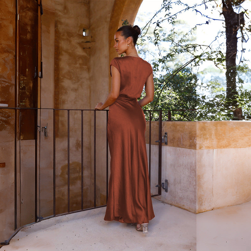 Women Satin Solid Color V-Neck Sexy Fishtail Dress Party Dress Long Dress
