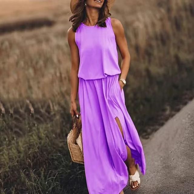 Solid Color Round Neck Sleeveless Lantern Split Dress