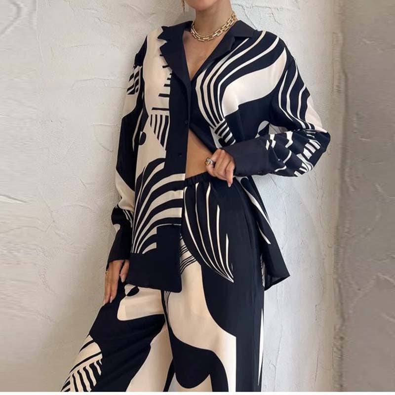 Women's Printed Button Blouse Pants Set