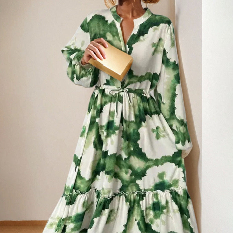 Women Contrast Printed Waist V-Neck Dress