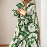 Women Contrast Printed Waist V-Neck Dress