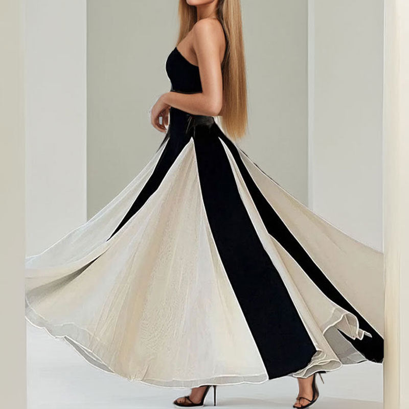 Women's Casual Contrasting Color Splicing Shoulder Strap Dress