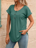 Women Solid Color Crew Neck Button Short Sleeve T-Shirt