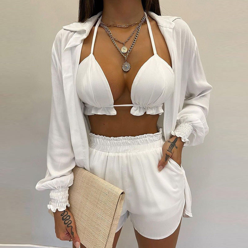 Sexy Beach Vacation Style Printed Shorts Three-piece Set
