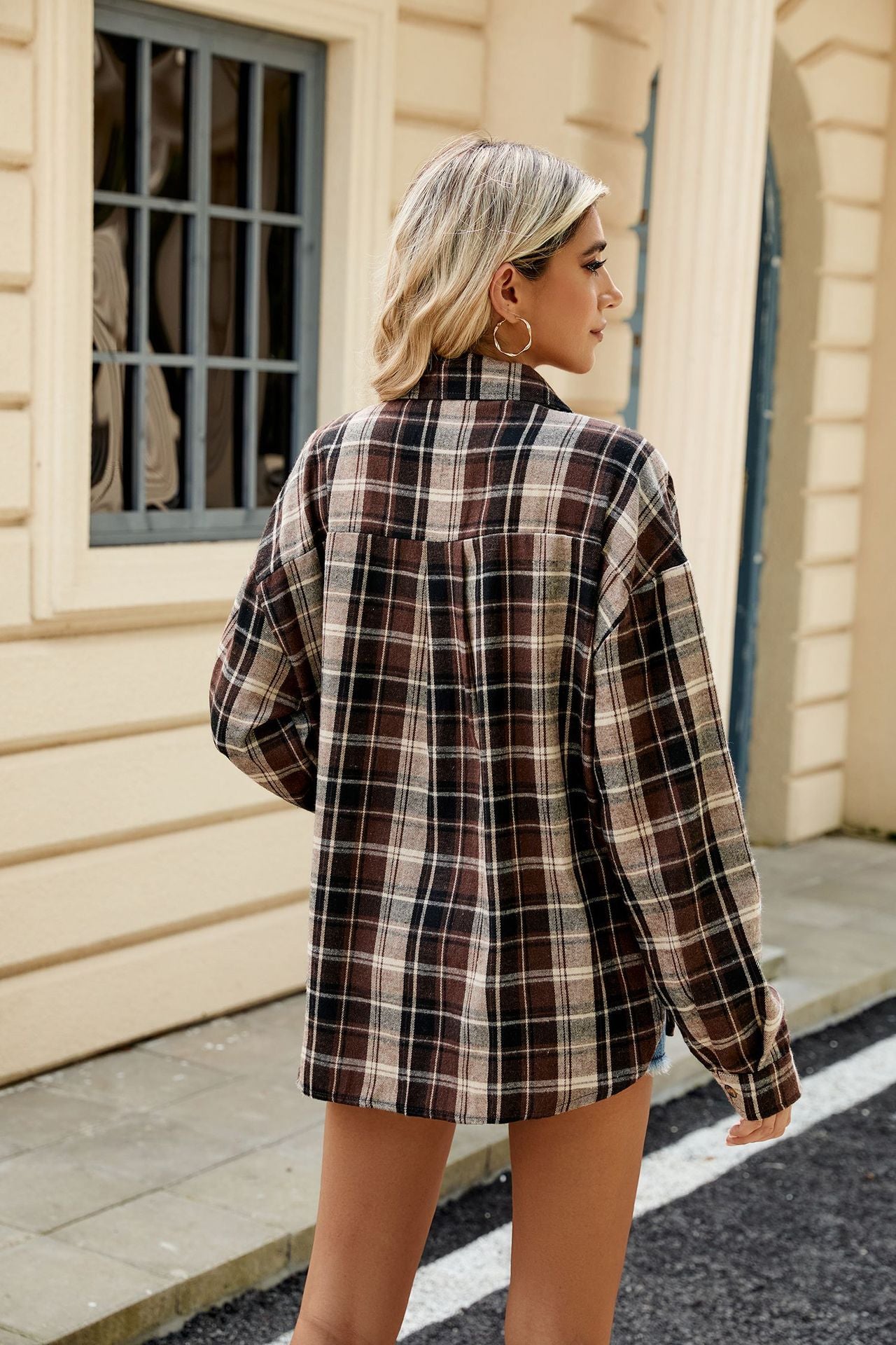 Lapel Long Sleeve Pocket Button Plaid Shirt Top Women