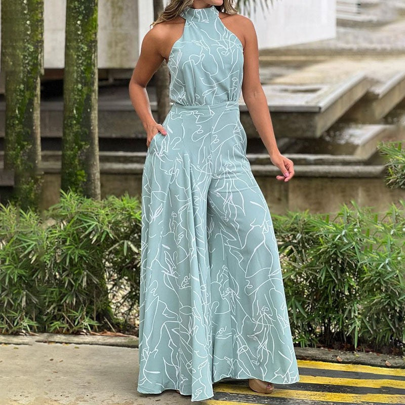 Fashion Sexy Printed Sleeveless Wide Leg Jumpsuit Trousers