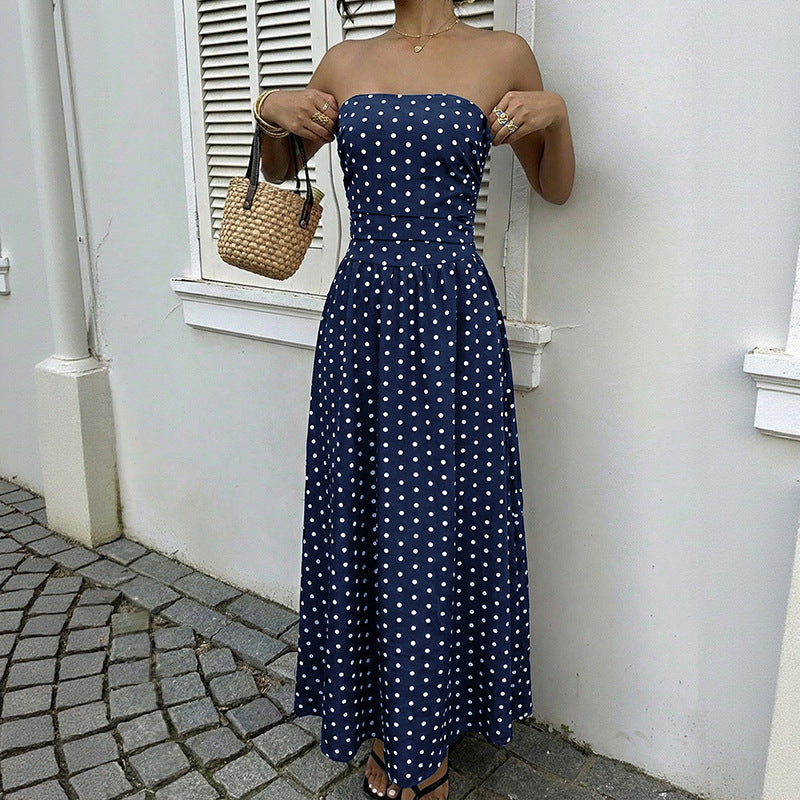 Retro Long Dress Sleeveless Tube Top Polka Dot Dress
