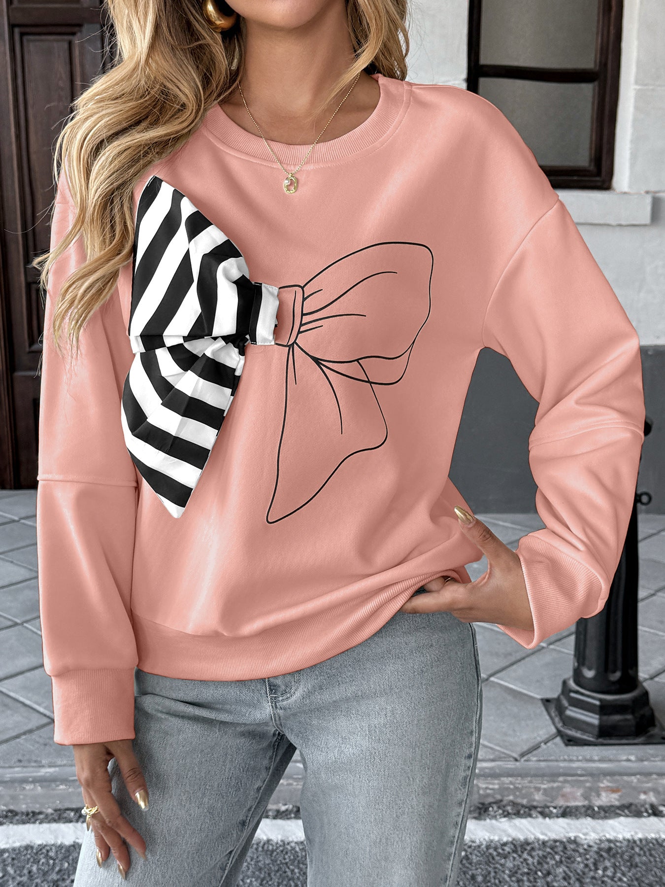 Casual Top Striped Bow Sweater Women