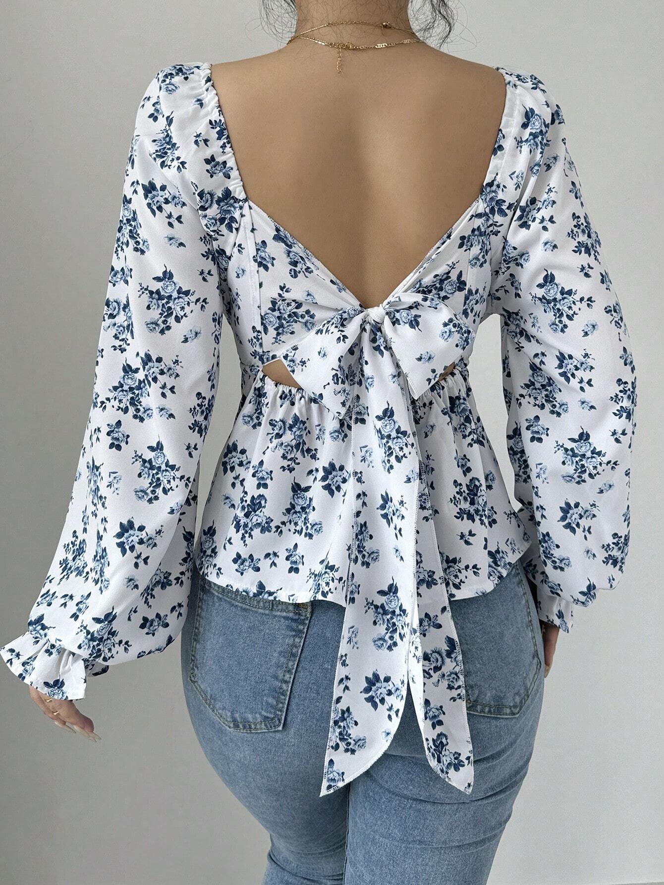 Women Square Collar Bubble Floral Long Sleeve Blouse