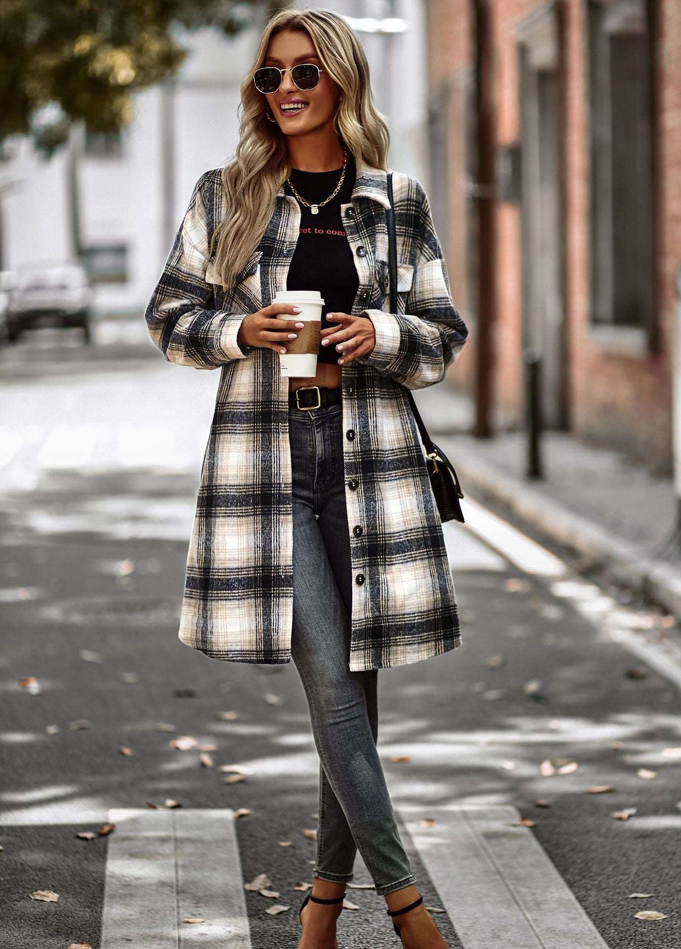Women's Long Sleeve Button Down Jackets Plaid Flannel Shirts Tops Casual Lapel V Neck Oversized Shackets Blouses Top