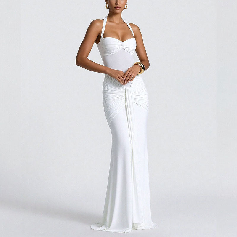 Women's Elegant Neck Solid Color Lace-up Slim Dress