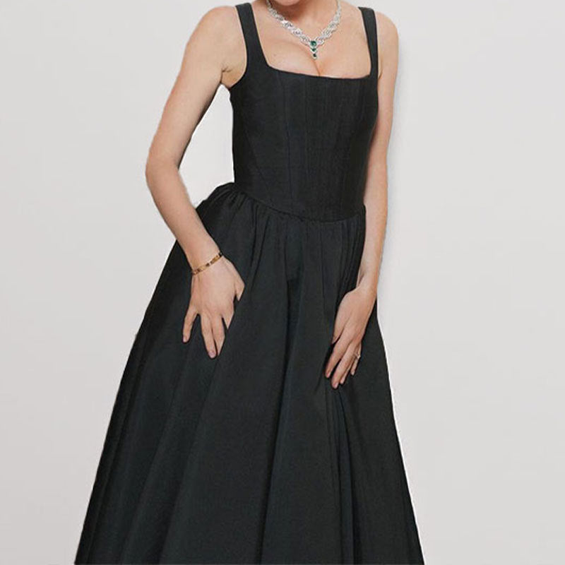 Elegant Slim-fitting Square-neck Splicing A-word Dress