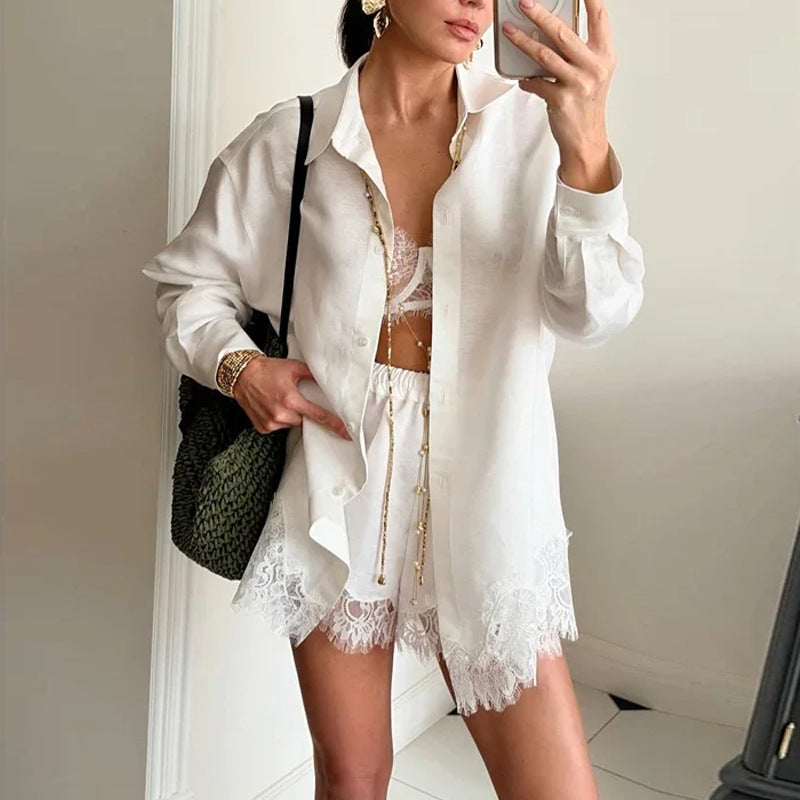 Women Fashion Casual Solid Color Lace Splicing Shorts Set