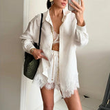 Women Fashion Casual Solid Color Lace Splicing Shorts Set