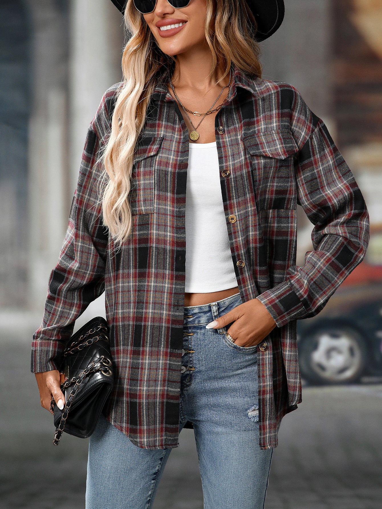 Casual Fashion Loose Plaid Pocket Shirt Women