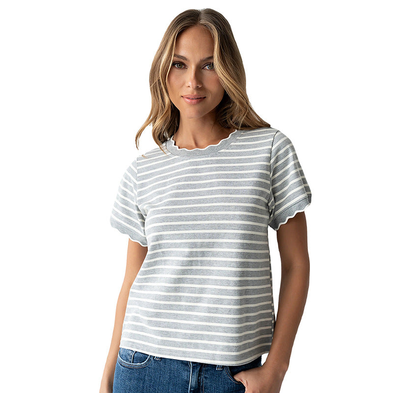 Womens Short Sleeve Top Ruffle Striped T-Shirt