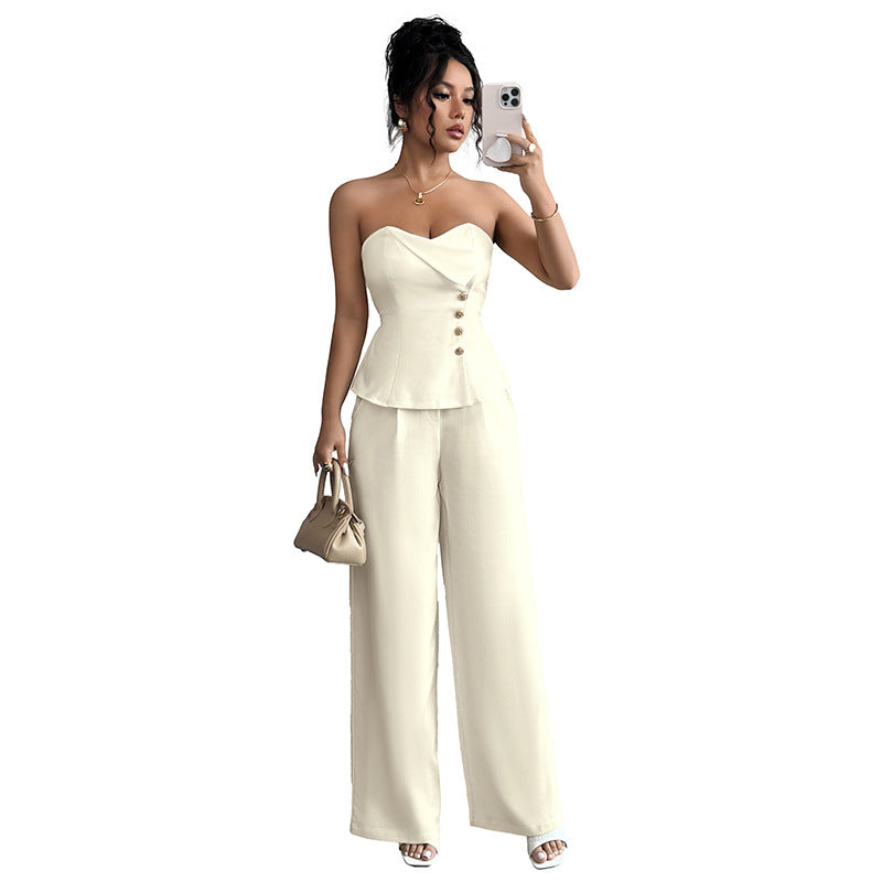 Sexy Tube Top Wide Leg Pants Solid Color Fashion Suit
