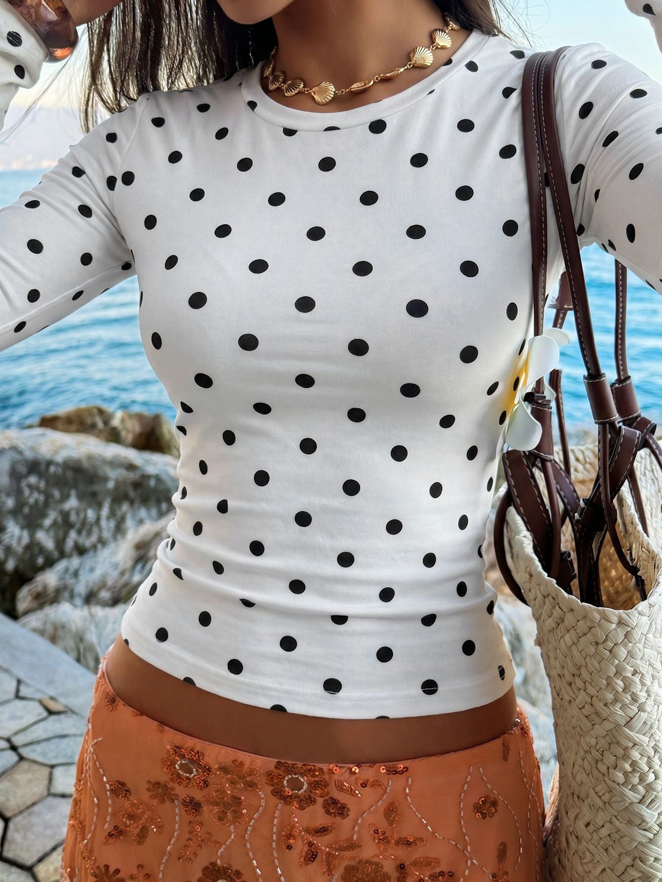 Womens Vintage Polka Dot Crew Neck Slim Fit Top