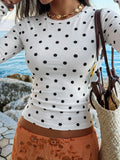 Womens Vintage Polka Dot Crew Neck Slim Fit Top