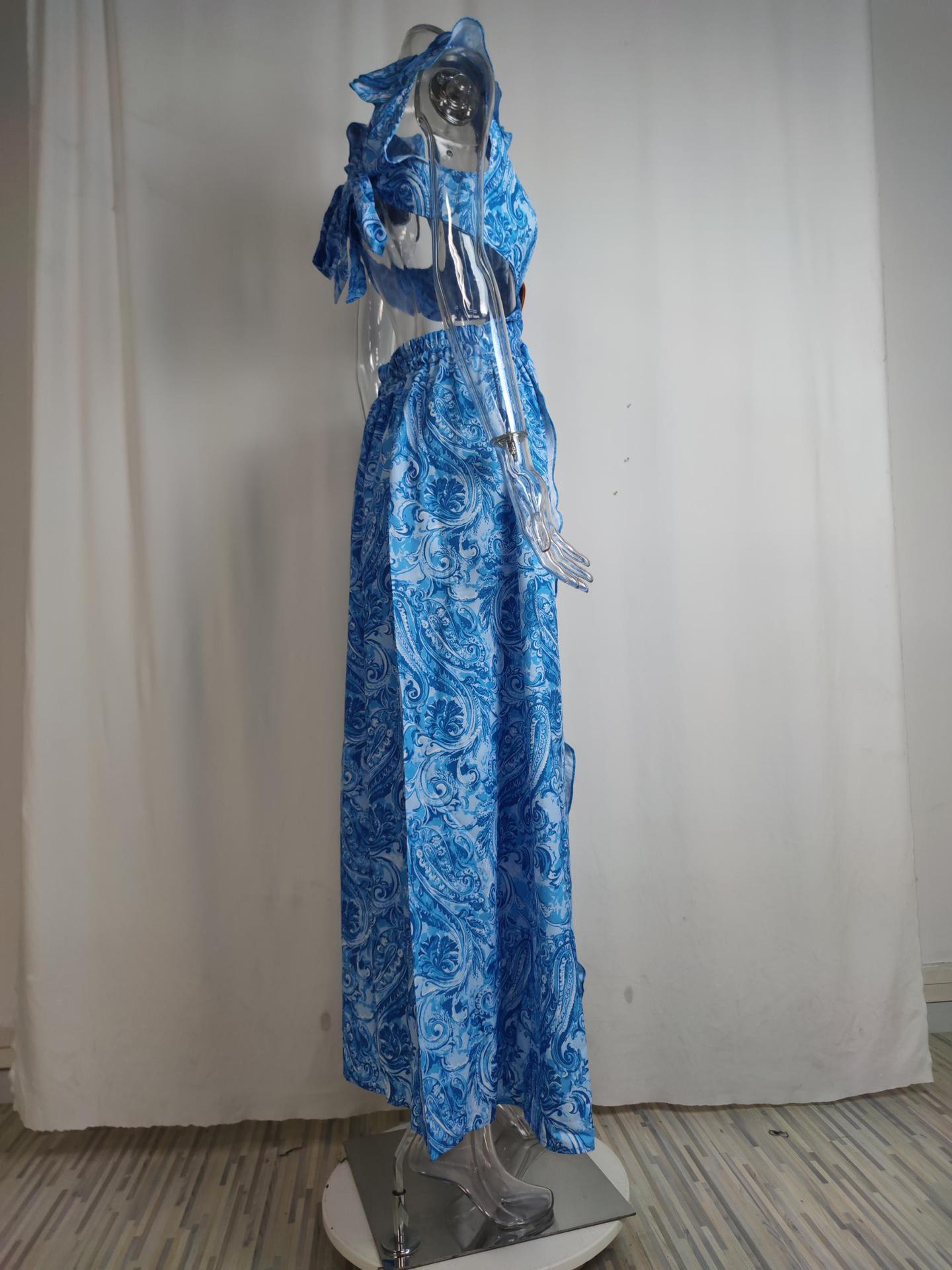 Sexy Deep V-neck Waist Print Dress Long Dress