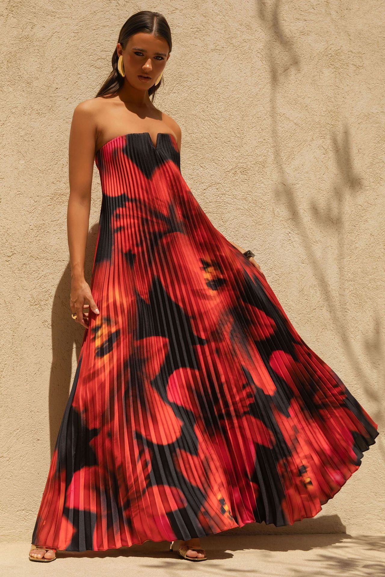 Women Printed Tubular Loose Pleated Long Dress