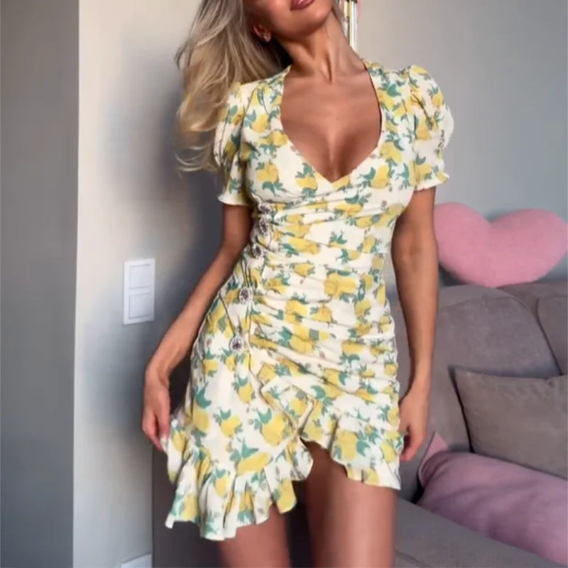 Women V Collar Print Ruffle Dress