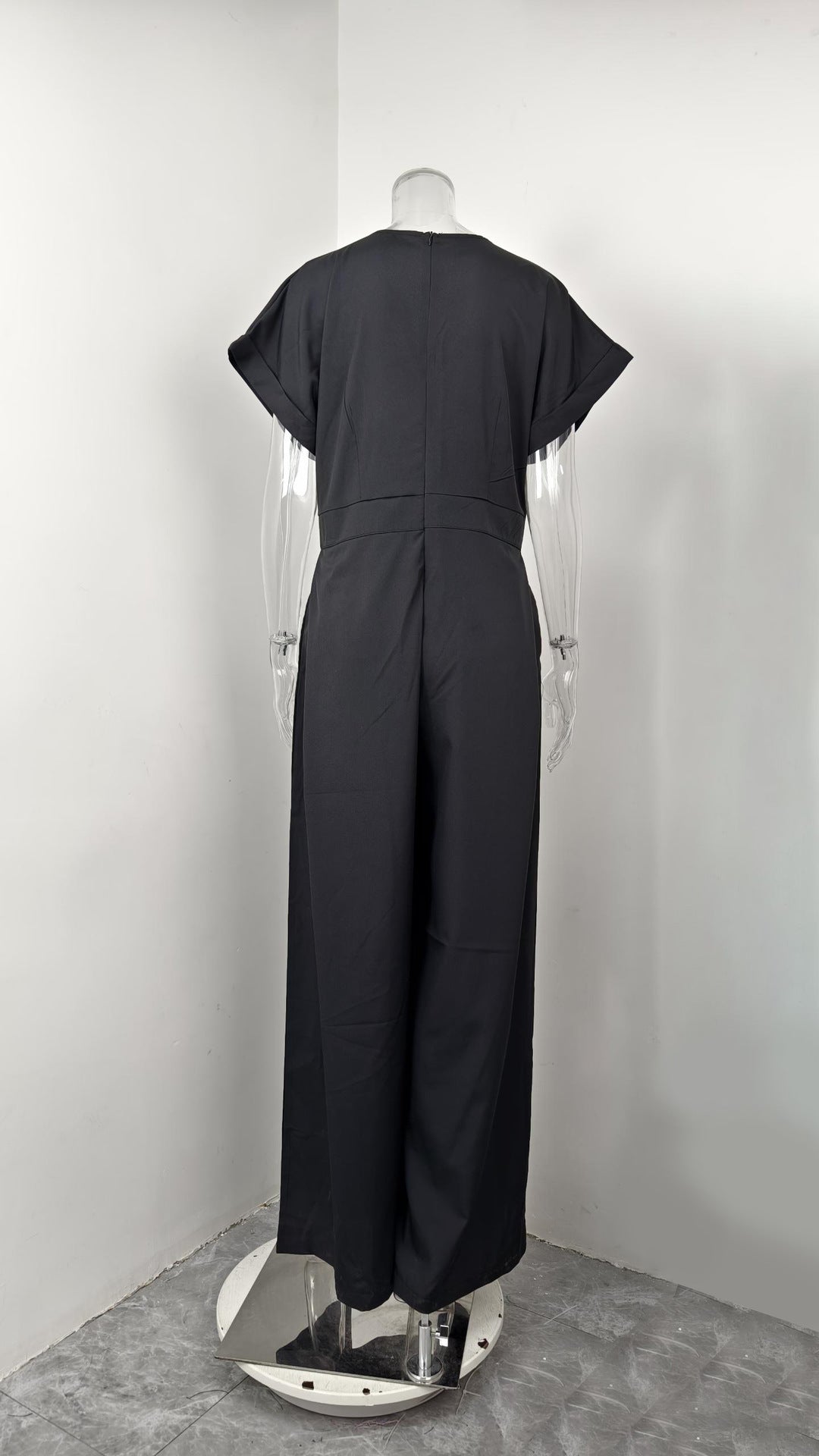 Women's Fashion V-neck Solid Color Slim-fit Wide-leg Jumpsuit