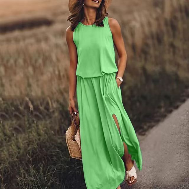 Solid Color Round Neck Sleeveless Lantern Split Dress