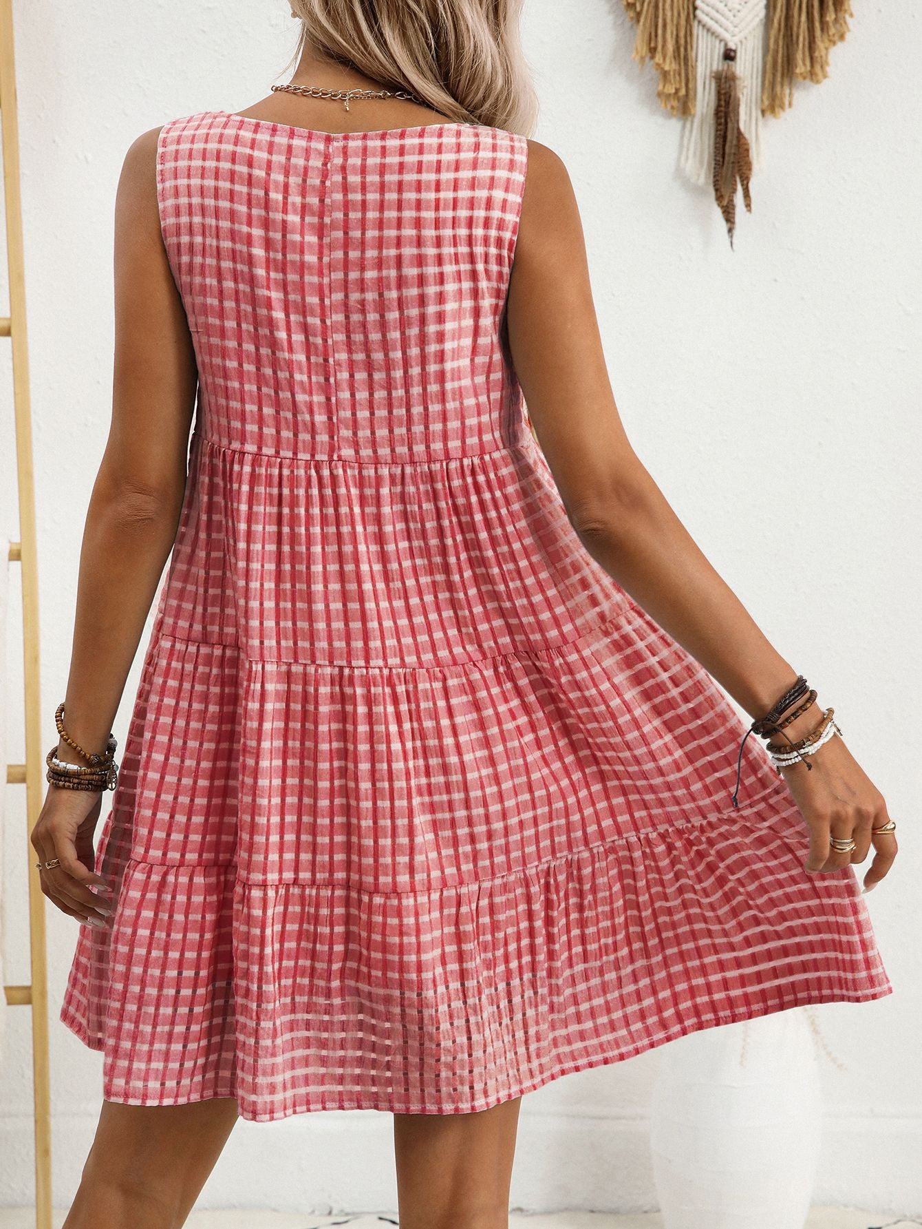 Women's Loose Casual Flowing Sleeveless Plaid Dress