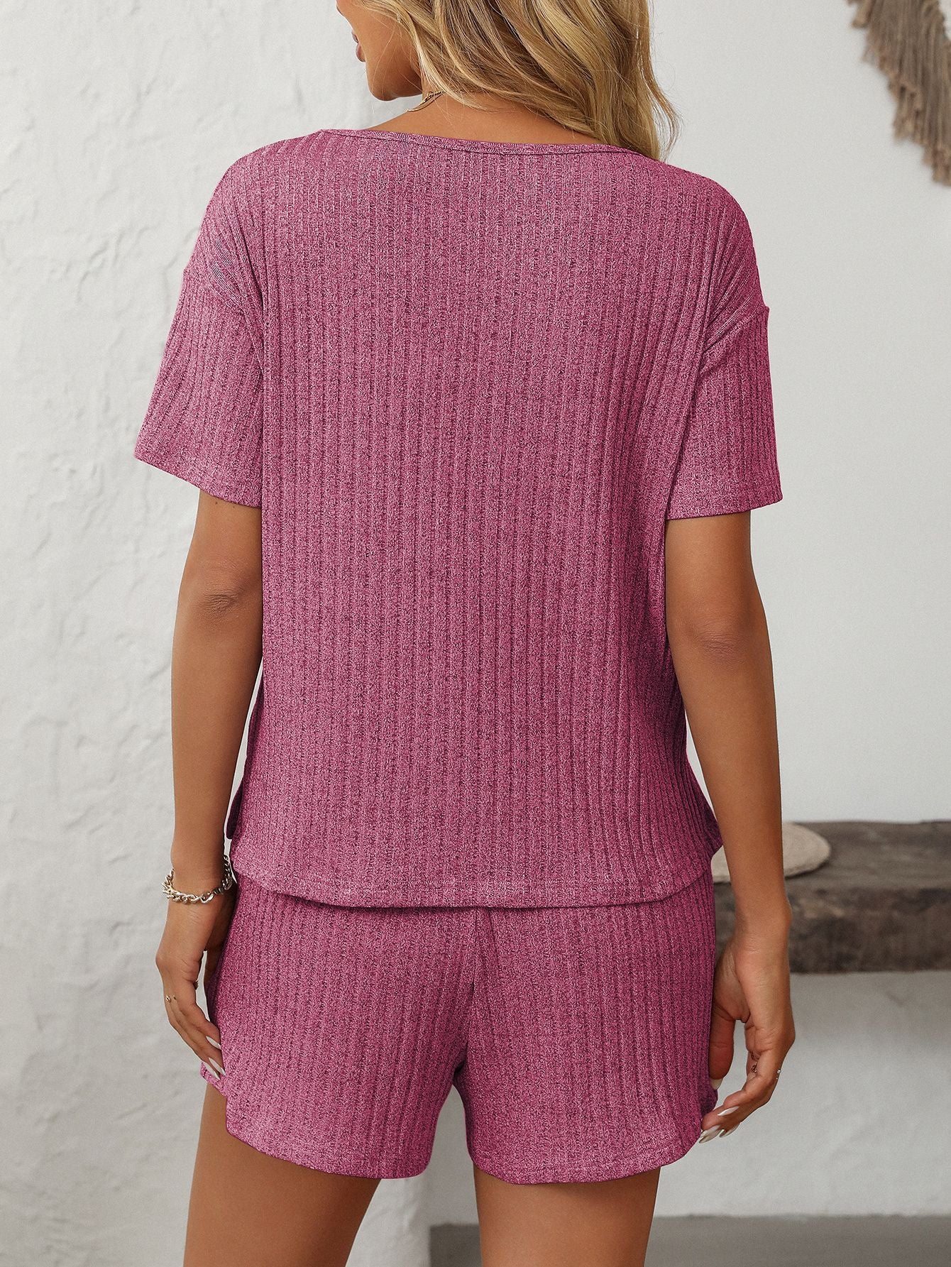 Solid Color Pit Strip Pajamas Short-sleeved Loungewear Set