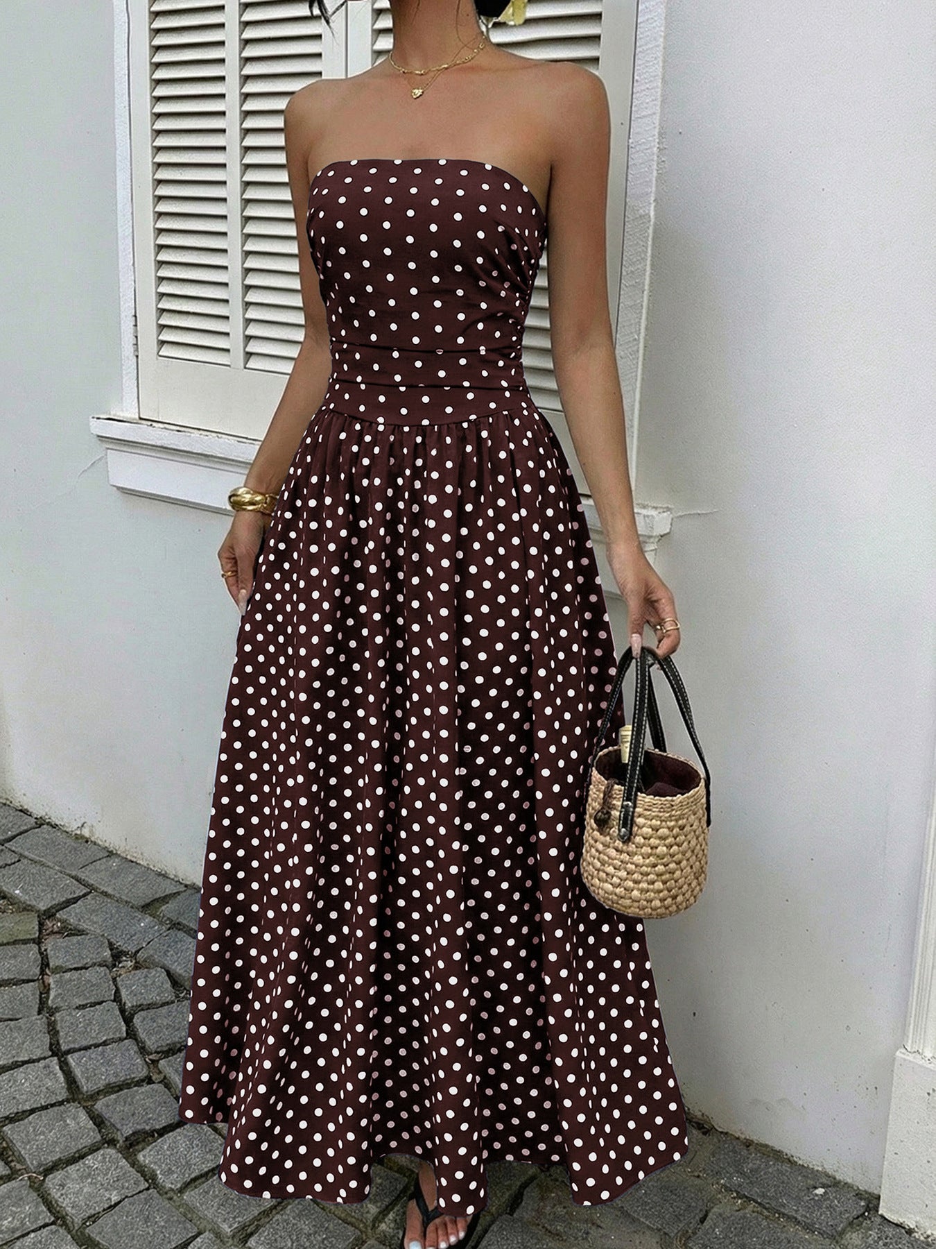 Retro Long Dress Sleeveless Tube Top Polka Dot Dress