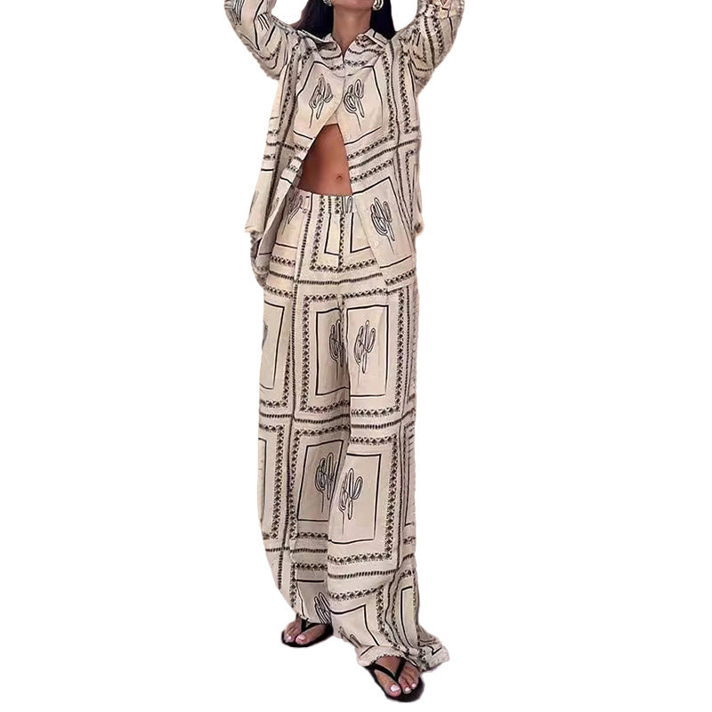 Women's Casual Printed Shirt Trousers Fashion Set