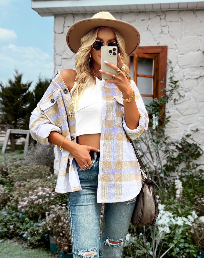 Plaid Jacket Long-sleeved Shirt Casual Top Women