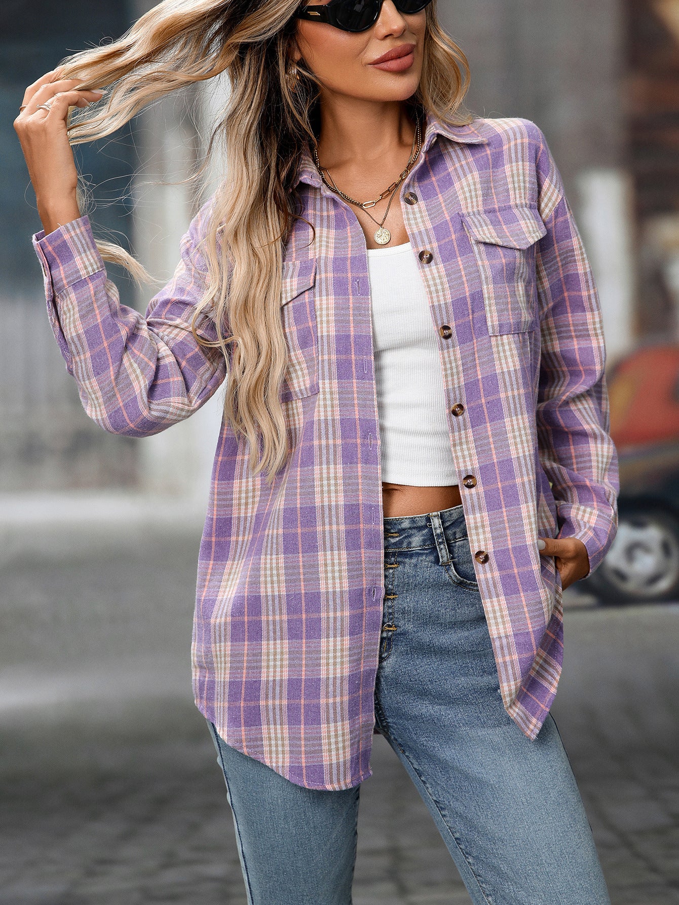 Casual Fashion Loose Plaid Pocket Shirt Women
