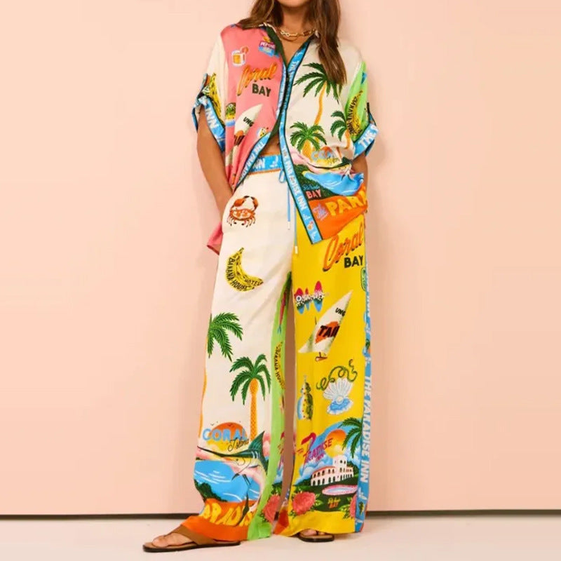 Women's Printed Button Blouse Pants Set