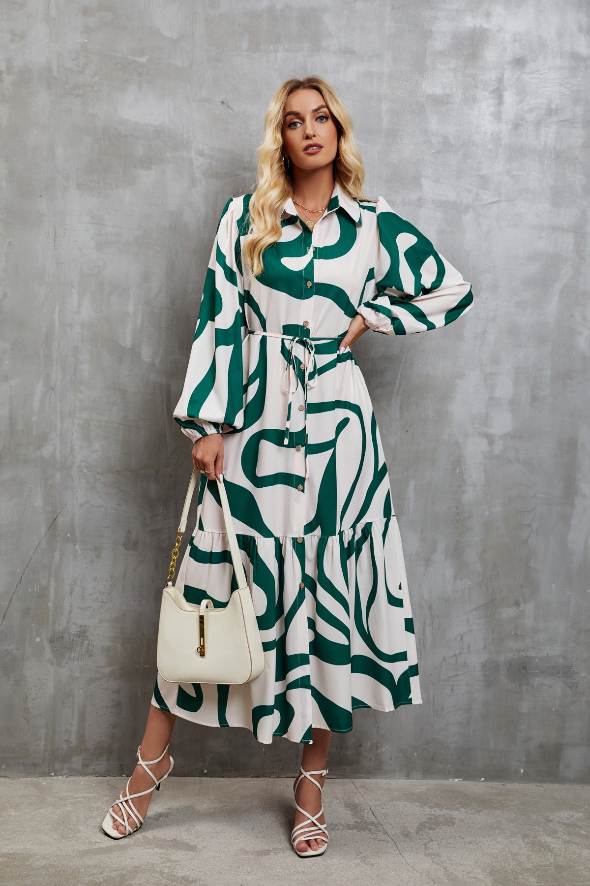Womens Loose Single-Breasted Long Sleeve Long Dress