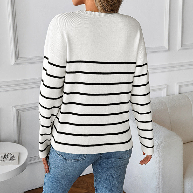 Pullover Knitted Sweater V-Neck Long Sleeve Striped Sweater
